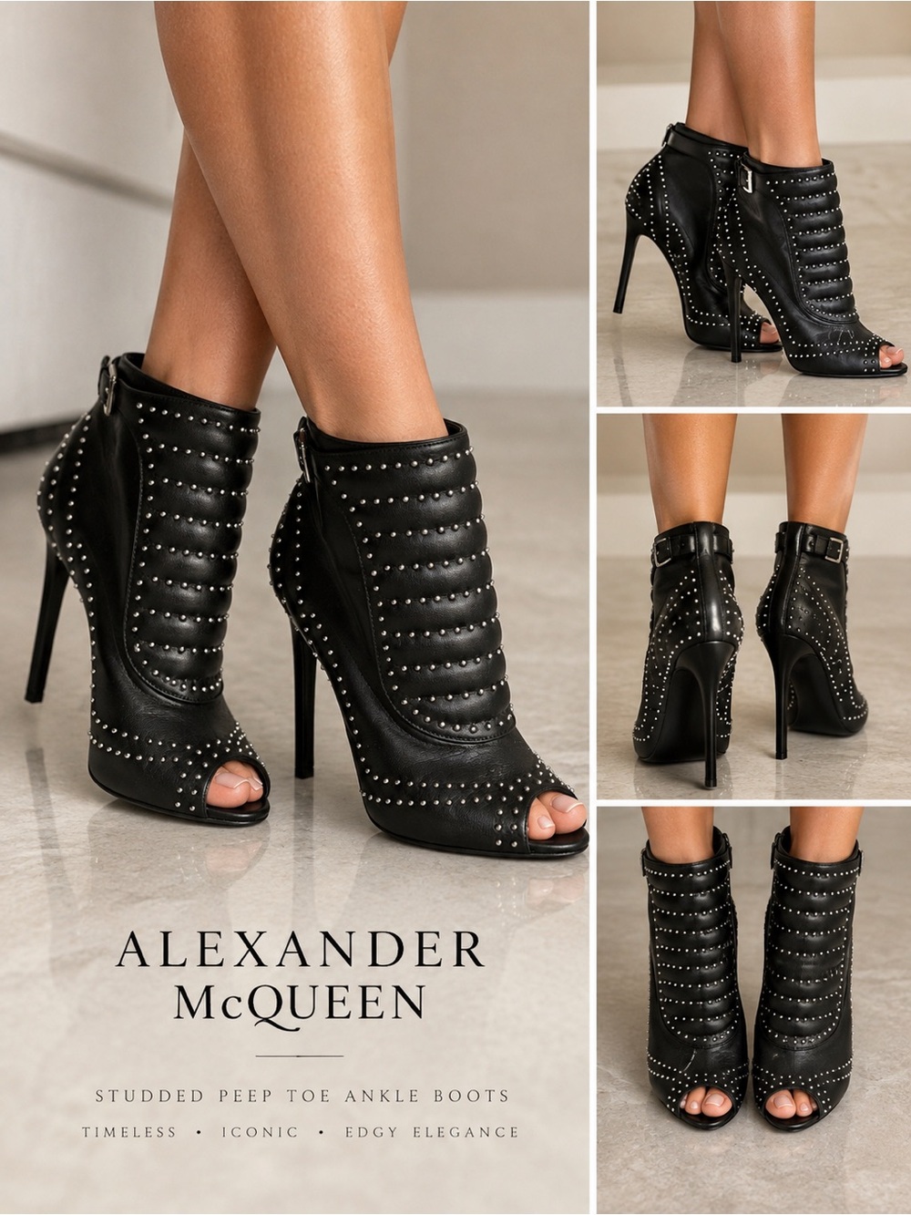 Alexander McQueen Black Studded Peep-Toe Ankle Booties